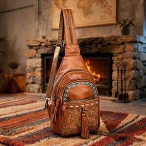 🌵 Western Brown Tooled Sling Backpack w/ Turquoise Stud Detail - Brown